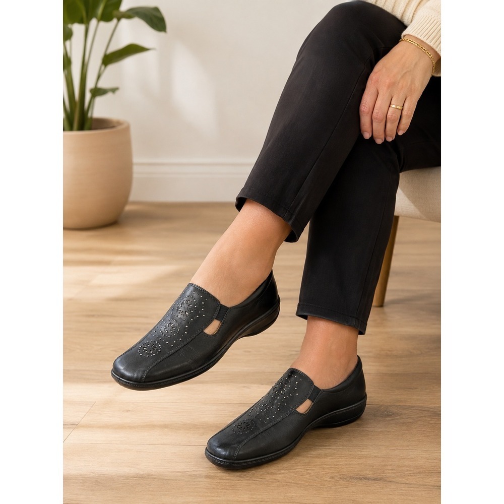 Hotter Black Leather Loafers Womens 10 EU 42 Comfort Walking Slip On Shoes